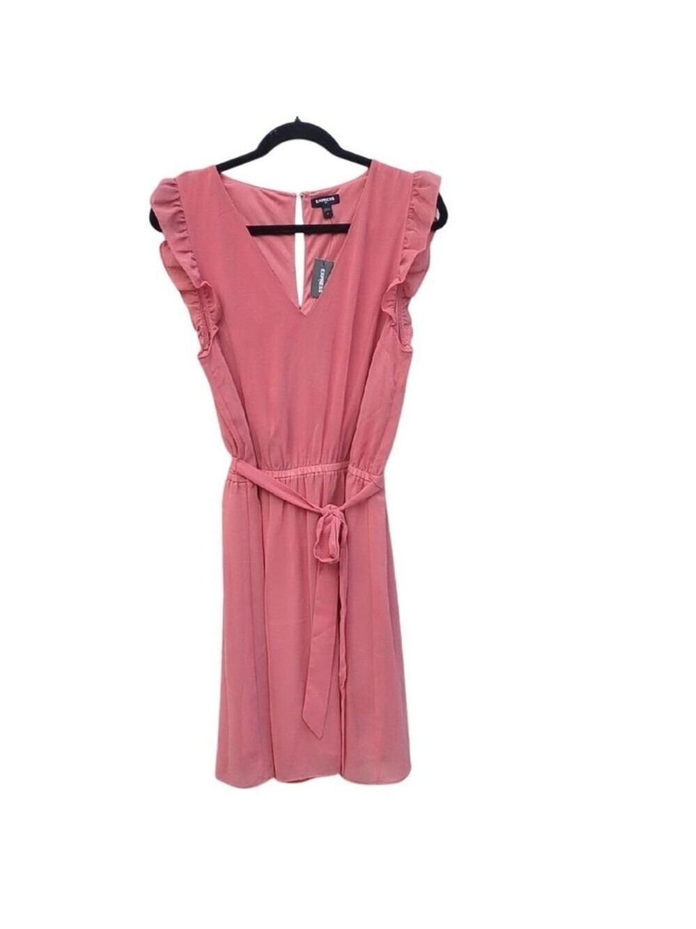 Express Women's Ruffle Sleeve Dress Coral Pink V Neck Tie Waist NEW Medium